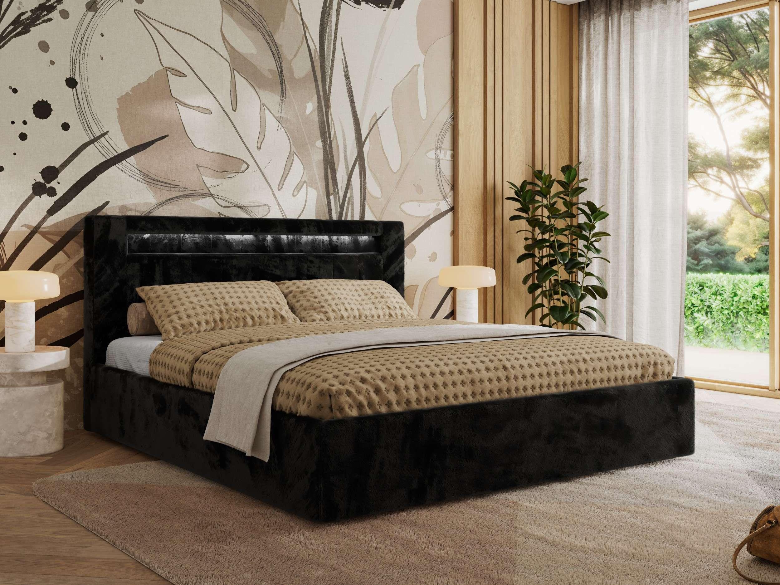 POLSTERBETT GOLD 5 CLASSIC 160/200 - Schwarz Plüsch - Schaum-Matratze - Schwarz, Textil (160/200cm) - MKS