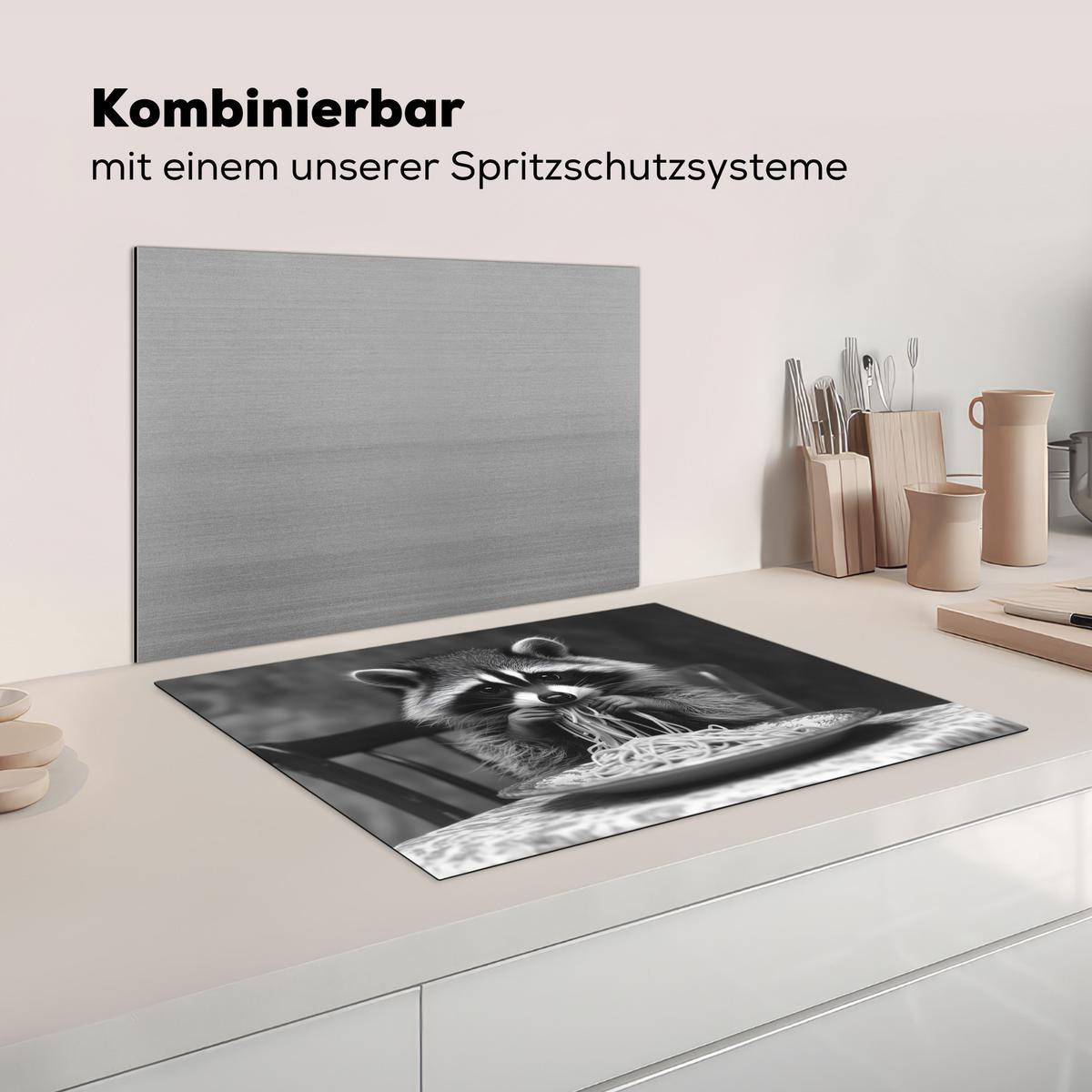 HERDABDECKPLATTE Waschbär - Niedlich - Pasta - Tischtuch - Schwarz - Weiß Induktionsmatte 71x52 cm - Grau, Kunststoff (71/52/0.2cm) - MuchoWow