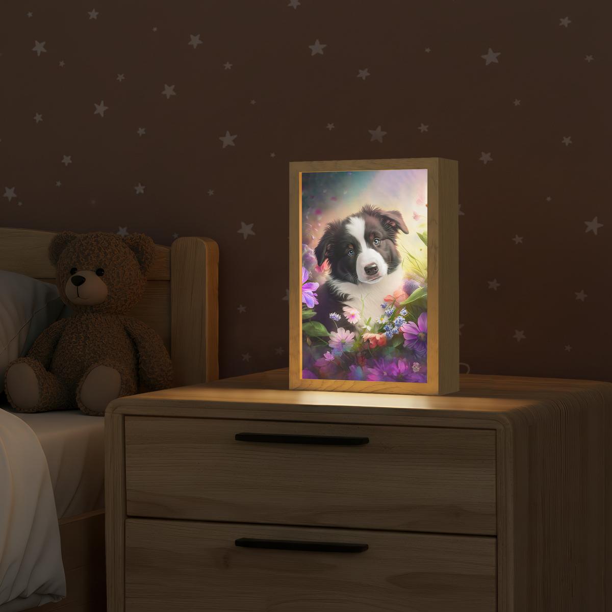 NACHTTISCHLAMPE Welpe - Sonne - Blumen - Natur - Border Collie - Hund 20x30 cm - Violett, Holzwerkstoff (8/20/30cm) - OnlyWow