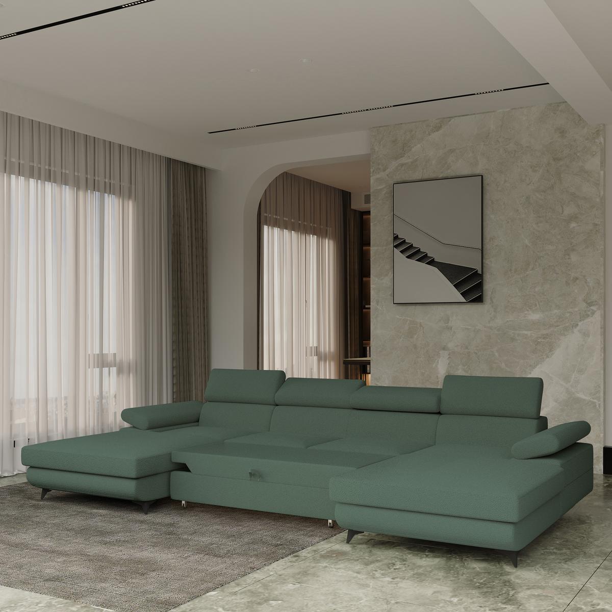WOHNLANDSCHAFT DETTI Grün Boucle-Stoff mit Schlaffunktion - Grün, Holz (339/89/190cm) - MASSENO