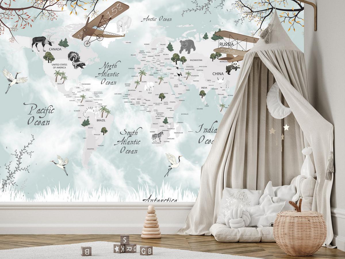 FOTOTAPETE für Kinderzimmer Weltkarte Tiere Flugzeuge Pflanzen 300x210 - Blau/Beige, Papier (300/210cm) - Muralo