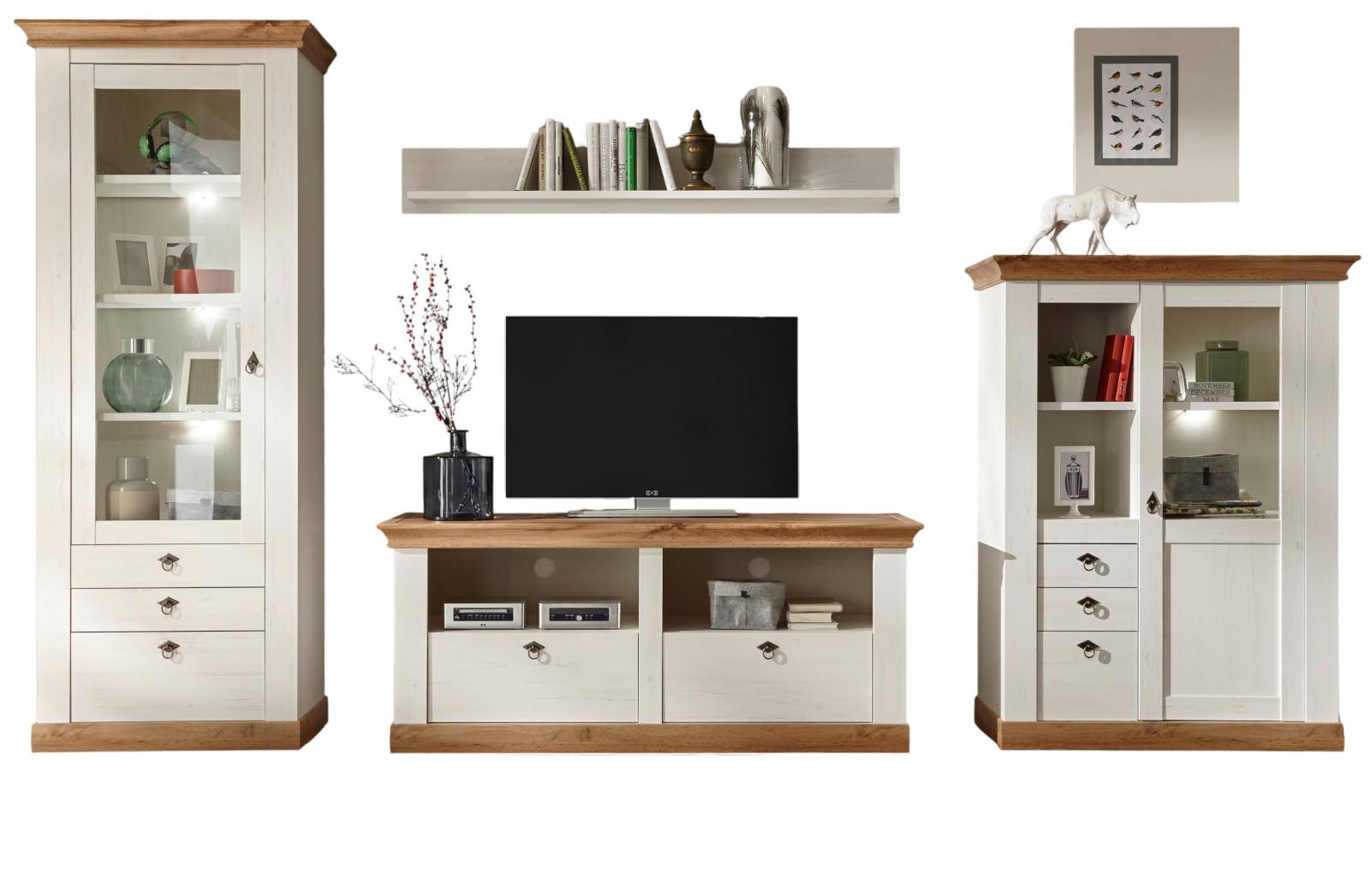 WOHNWAND Pinie weiß, Eiche Wotan 4-teilig 356 cm, Schrankwand im Landhaus-Stil - Silberfarben/Eiche Wotan, Glas/Holzwerkstoff (356/204/52cm) - Furn.Design