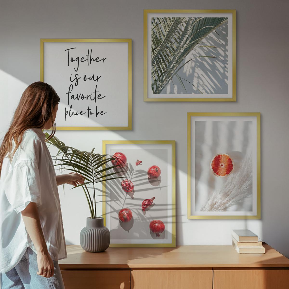 BILDER SET 4er Set - 50x50 cm & 40x60 cm Goldrahmen - Feiertags-Palmenfrucht-Inschrift - Goldfarben, Kunststoff (50/50cm) - TULUP