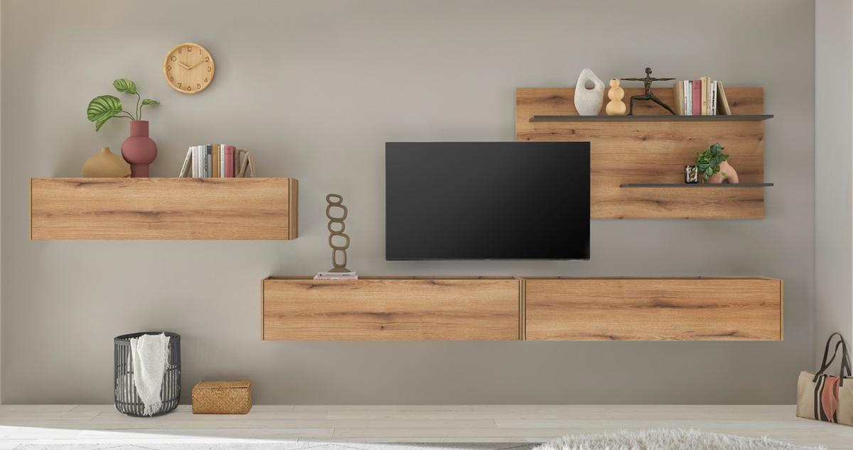 WOHNWAND Evoke Eiche, grau, Set 4-teilig 400 cm inklusive Beleuchtung - Eichefarben/Grau, Holzwerkstoff/Metall (400/180/30cm) - Furn.Design