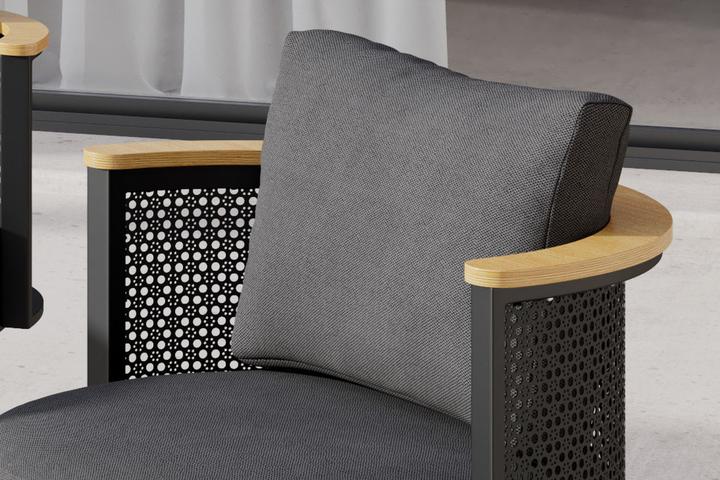 Dining-Loungeset Dunkelgrau inkl. Kissen Bezug aus Webstoff Outdoorstoff Armlehnen Birnbaumfarbe