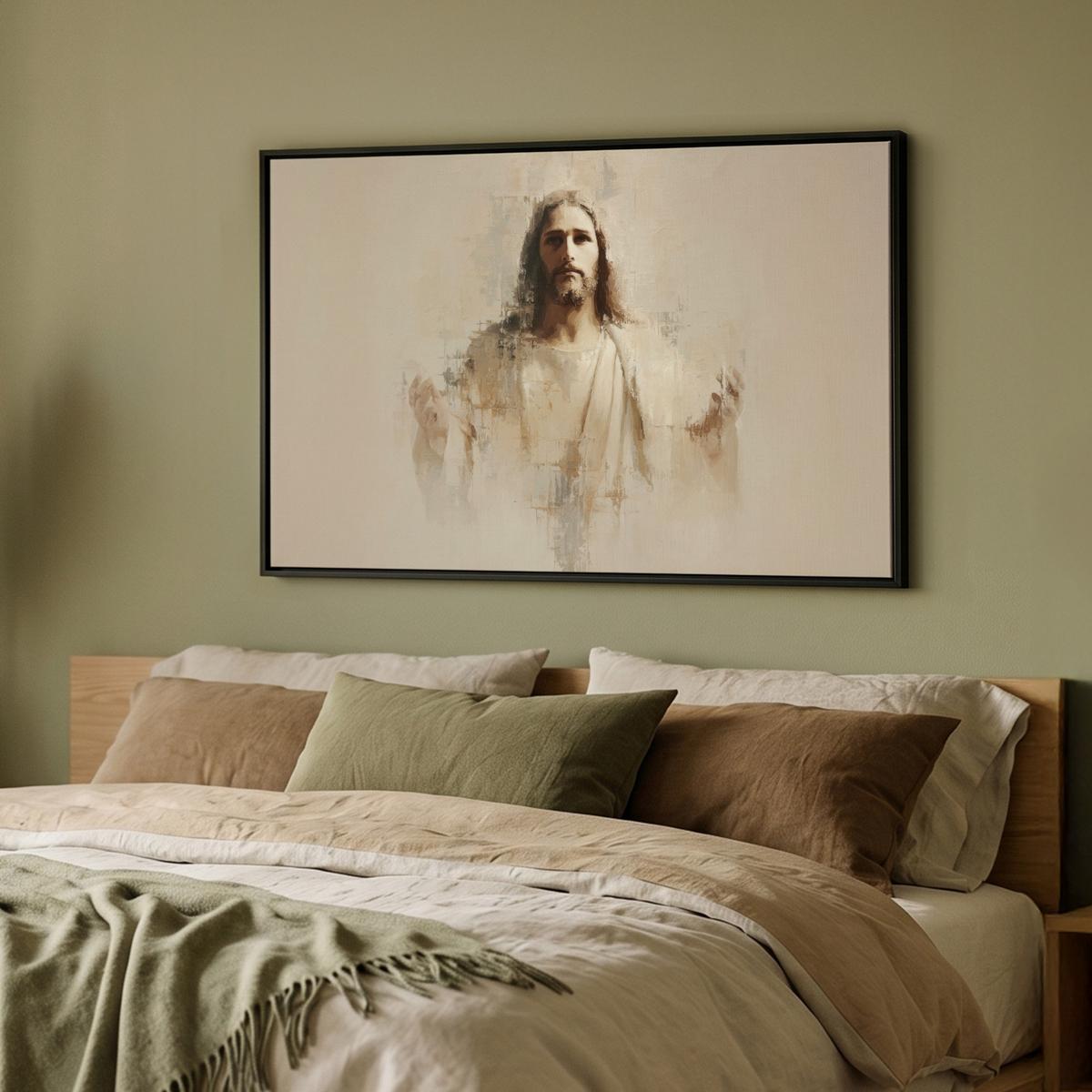 LEINWAND Bilder mit Rahmen - Porträt - Abstrakt - Jesus - Beige - 90x60 - Beige, Textil (90/60cm) - MuchoWow