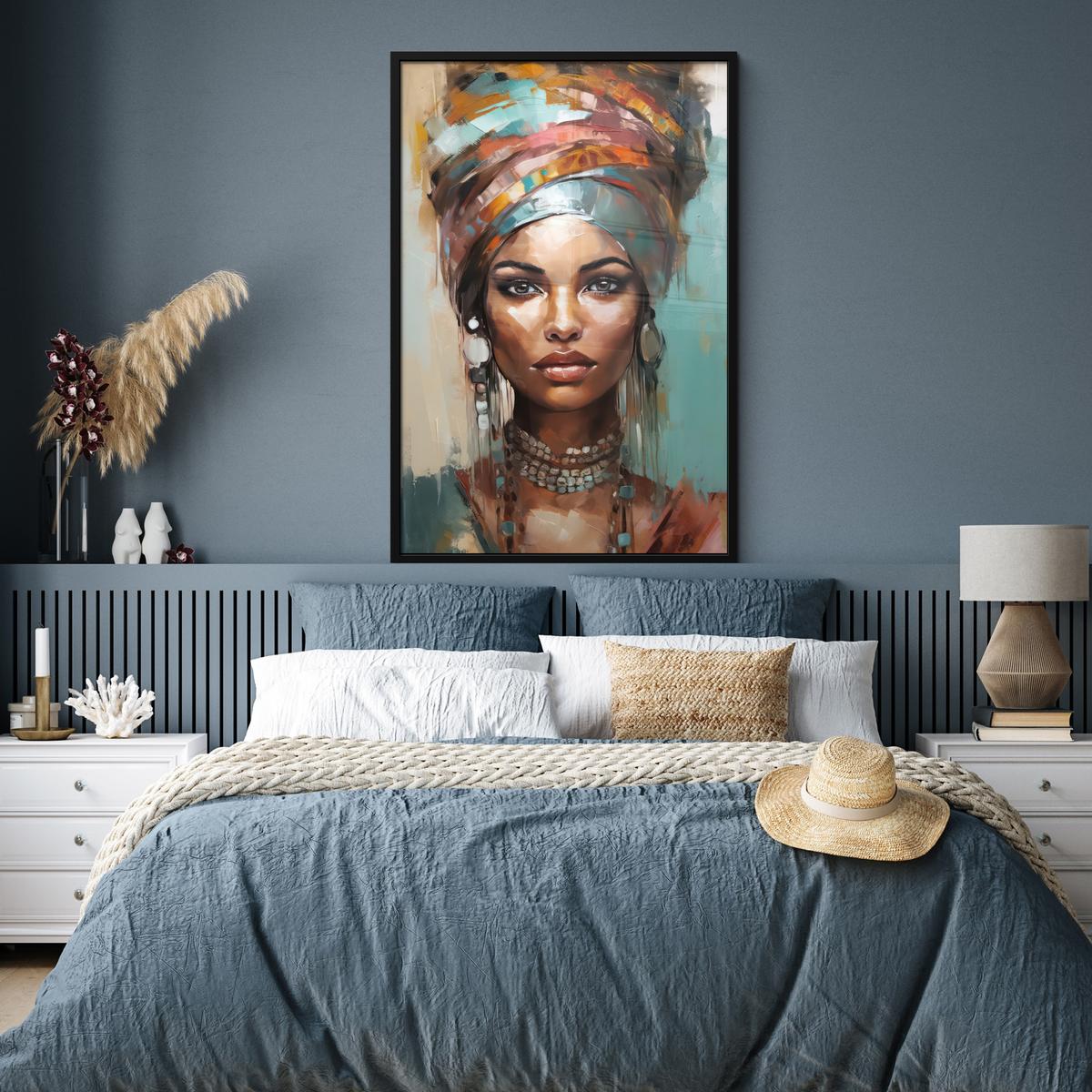 POSTER MIT RAHMEN Frau - Kunst - Schmuck - Porträt Bilderleiste 80x120 cm - Blaugrau, Papier (80/120cm) - MuchoWow