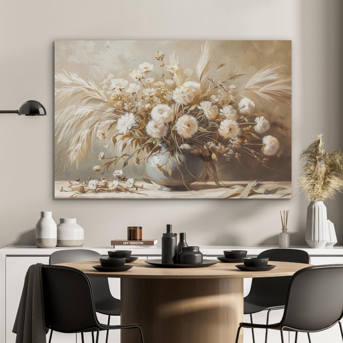AKUSTIKBILD Blumen - Vase - Stilleben - Beige Wandbild Wohnzimmer 100x70 cm - Creme, Kunststoff (100/70/0.9cm) - MuchoWow
