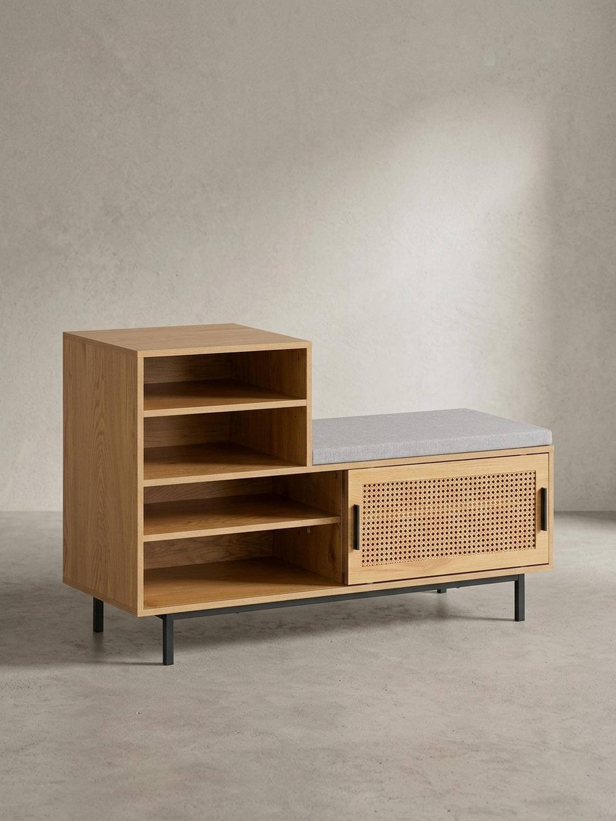 SCHUHBANK – Eiche-Dekor, 120x75,5x40 cm, Rattan-Elemente, Sitzbank gepolstert - Schwarz/Braun, Textil/Metall (120/76/40cm) - KADIMA DESIGN