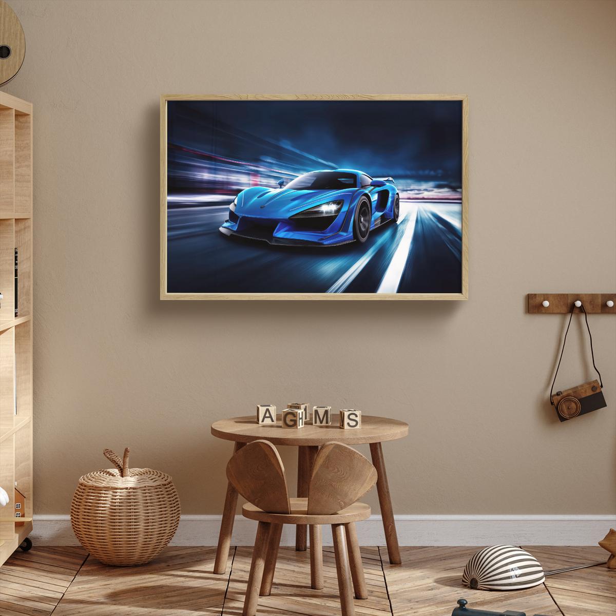 WANDLEUCHTE MIT AKKU Auto - Blau - Jungen - Kind 100x70 cm - Blau, Holzwerkstoff (100/70/8cm) - OnlyWow
