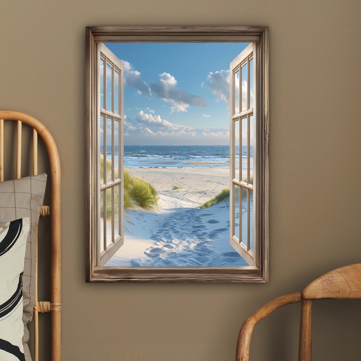 LEINWANDBILD Aussicht - Strand - Fenster - Dünen - Meer Wandbild Wohnzimmer 60x80 cm - Hellblau, Textil (60/80cm) - MuchoWow