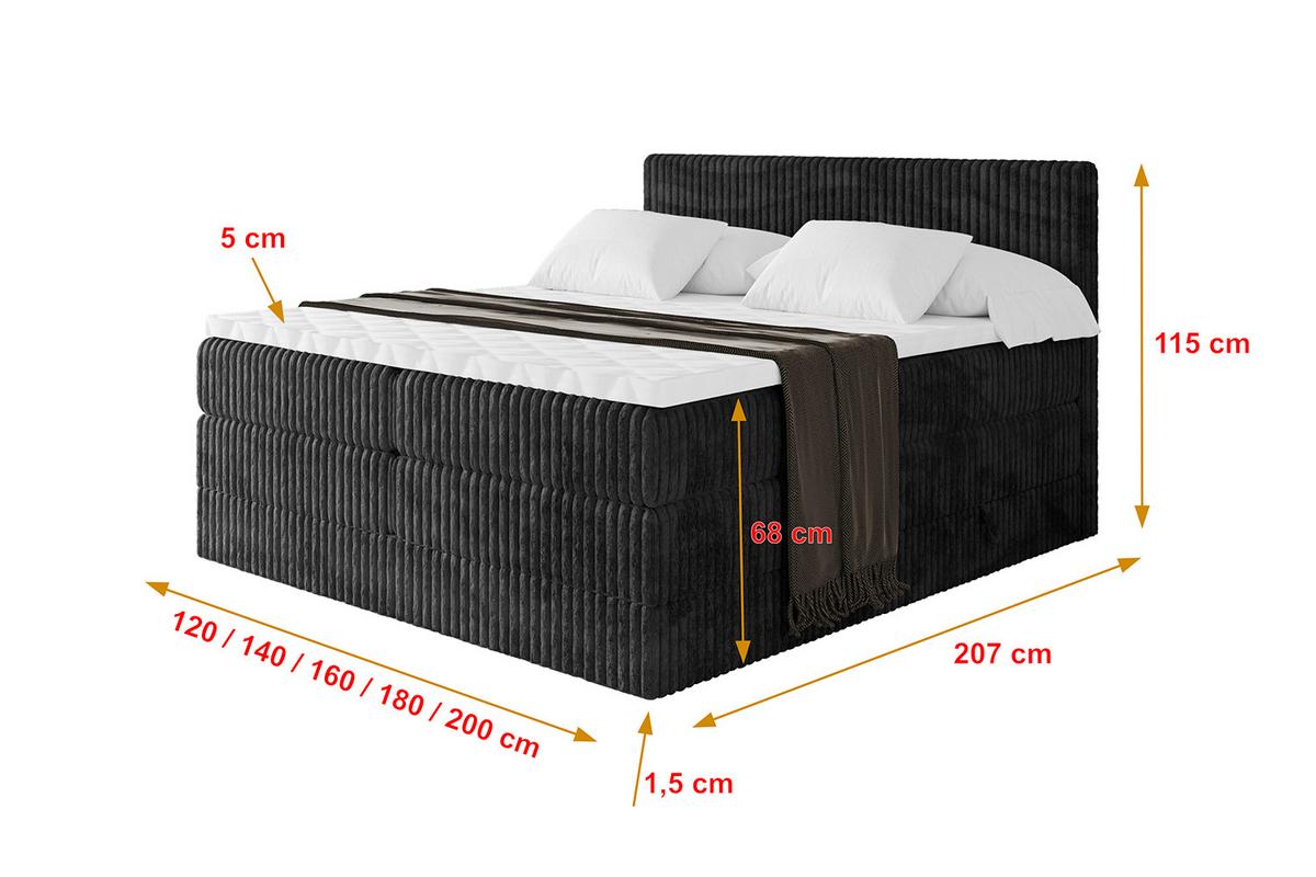 BOXSPRINGBETT mit Matratze H3|H4 und Lattenrost - TOLO KING 140x200 Cord - Schwarz - Schwarz, Holzwerkstoff (140/200cm) - ALTDECOR