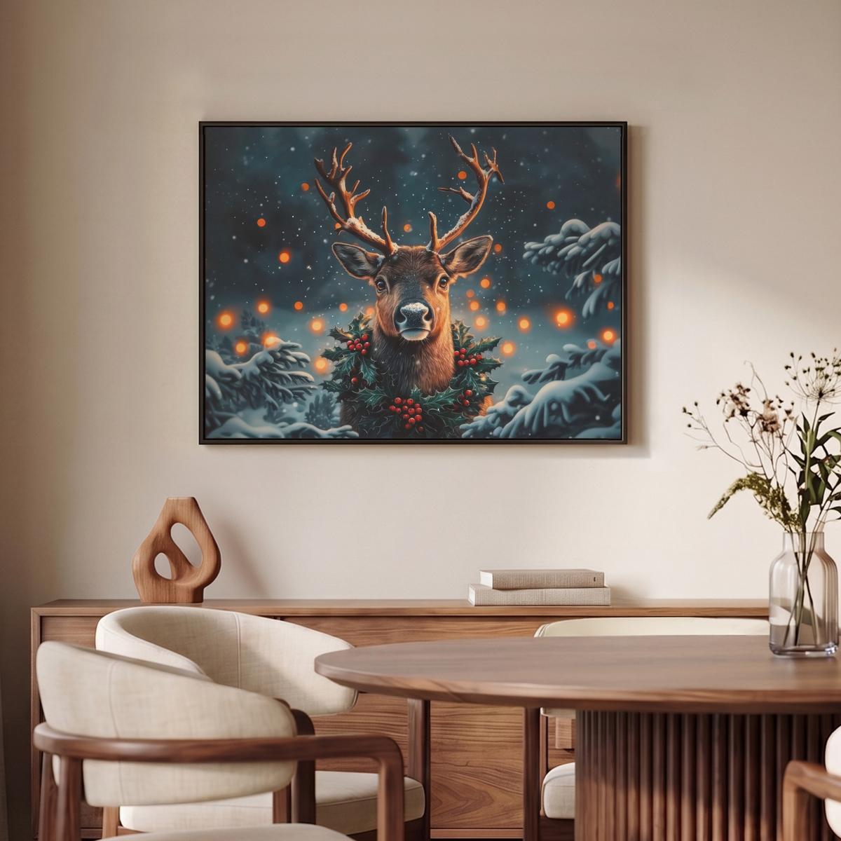 LEINWAND Bilder mit Rahmen - Hirsch - Weihnachten - Winter - Schnee - Weihnachtskranz - 80x60 - Dunkelbraun, Textil (80/60cm) - MuchoWow