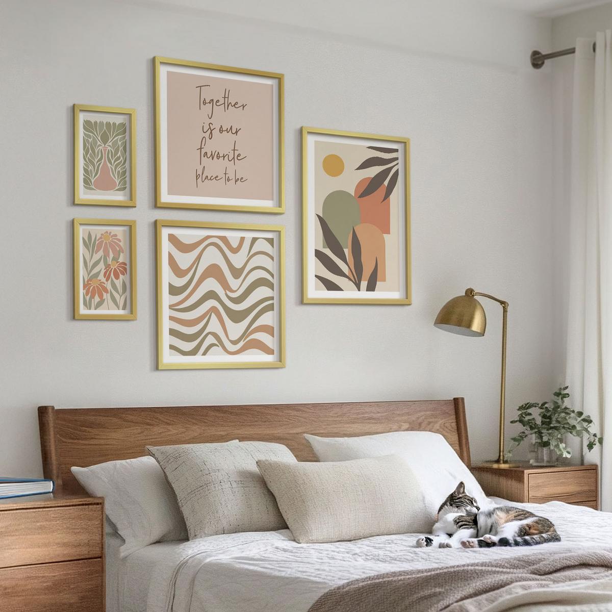 BILDER SET 5er Set - 50x50 cm & 20x30 cm & 40x60 cm Goldrahmen - Abstrakte Pastellblumen - Goldfarben, Kunststoff (40/60cm) - TULUP