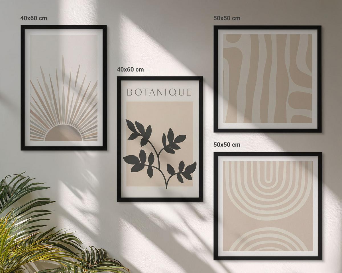 BILDER SET 4er Set - 50x50 cm & 40x60 cm Schwarzer Rahmen - Abstrakte Pflanzenmuster - Schwarz, Kunststoff (50/50cm) - TULUP