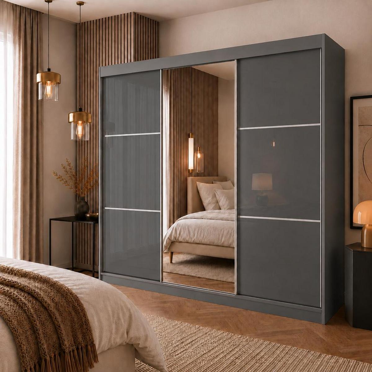 SCHWEBETÜRENSCHRANK Viva 240/216/61 graphit mit Spiegel und Schubladeneinsätze - Graphitfarben, Holzwerkstoff (240/216/61cm) - Beautysofa