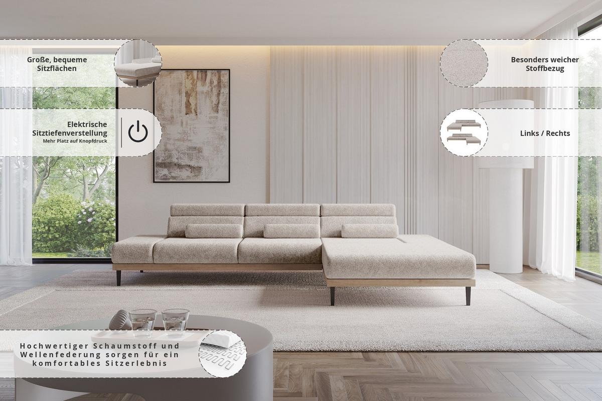 ELEKTRISCHES ECKSOFA Rechts MONA 316x205x85 Hellgrau Velours - Hellgrau, Holzwerkstoff/Textil (316/205cm) - ALTDECOR