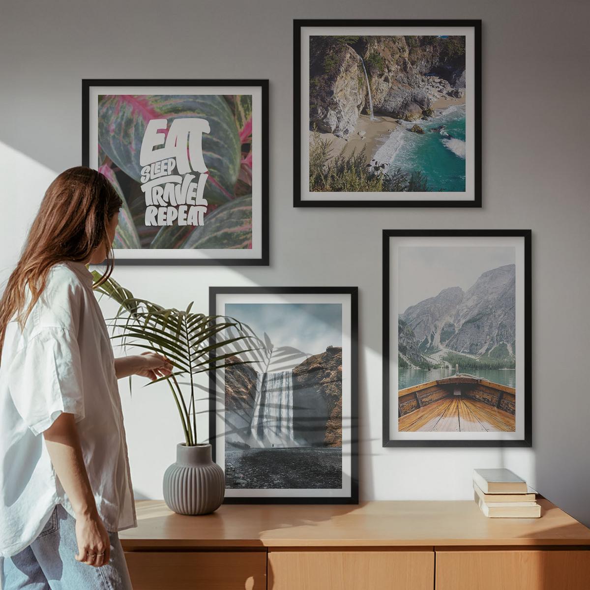 BILDER SET 4er Set - 50x50 cm & 40x60 cm Schwarzer Rahmen - Wasserfall Bergreise Natur - Schwarz, Kunststoff (50/50cm) - TULUP