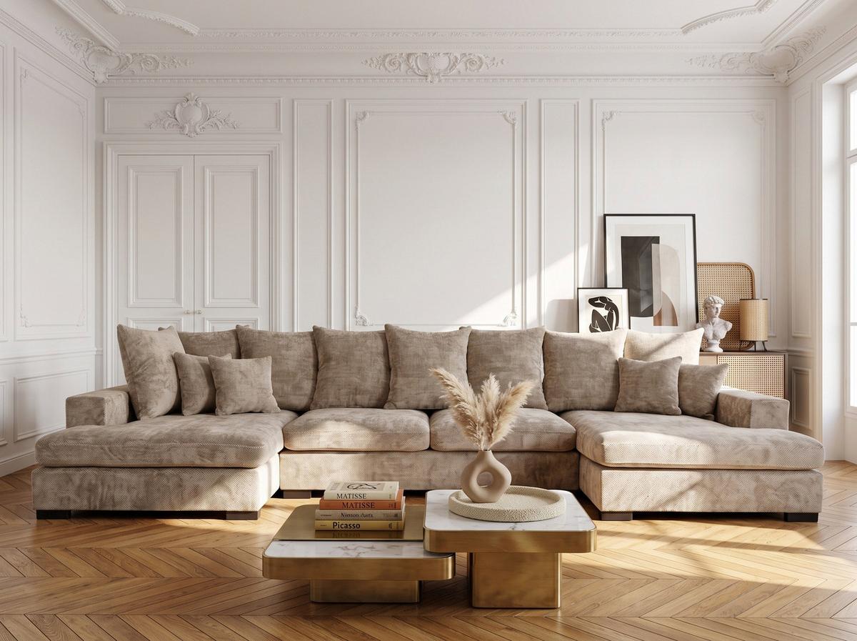 WOHNLANDSCHAFT Dahlia mit Schlaffunktion und Bettkasten in U-Form - Beige Chenille 373/92/155 cm - Beige/Schwarz, Kunststoff/Textil (373/92/155cm) - WFL GROUP