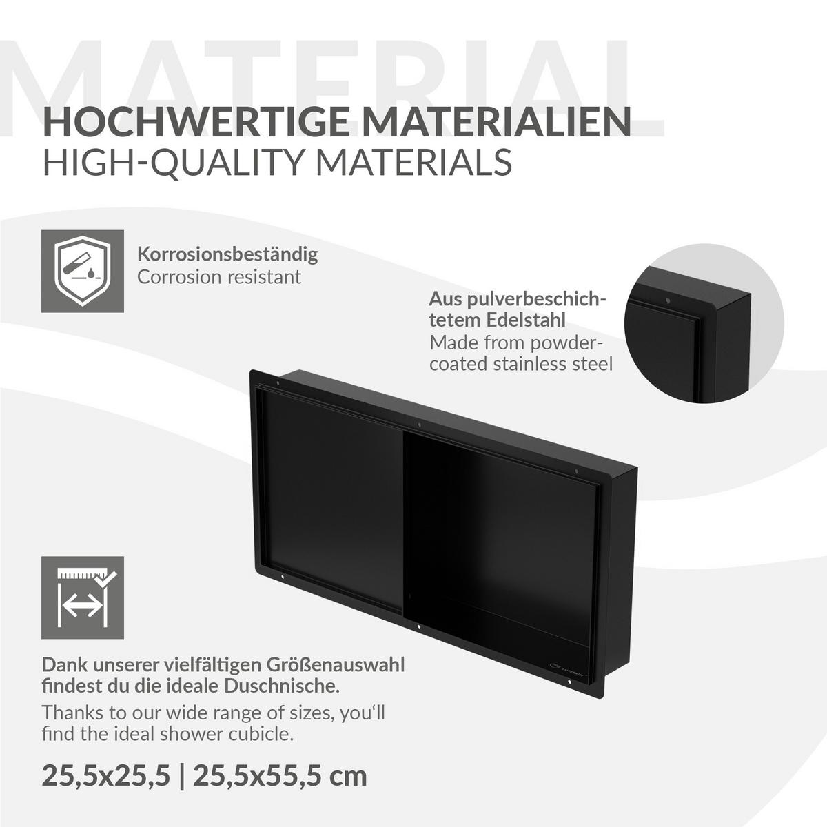 DUSCHNISCHE Edelstahl mit befliesbarer Tür Schwarz 25,5/55,5 cm - Schwarz, Metall (60/10/30cm) - LuxeBath