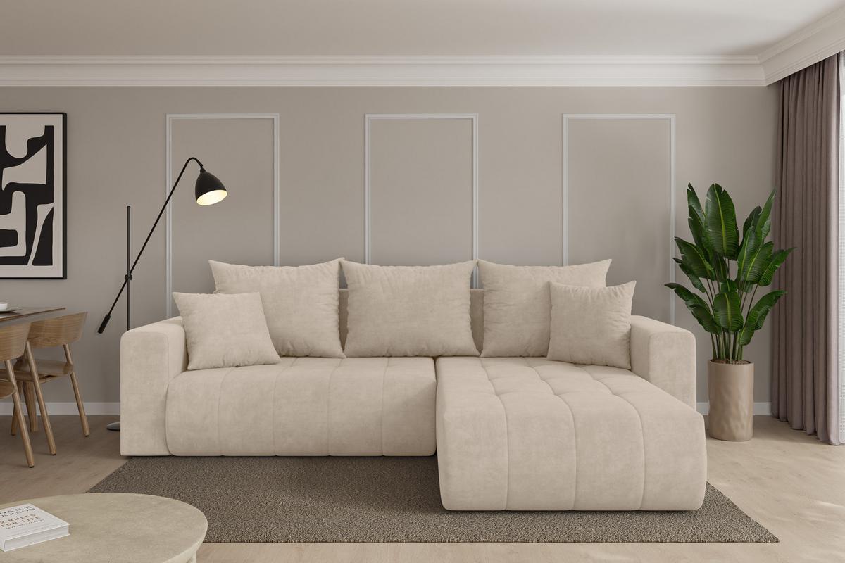 ECKSOFA mit Schlaffunktion Ottomane Rechts MILA-L 277x194x86 Beige Velours - Schwarz/Sahara, Holzwerkstoff/Kunststoff (277/194cm) - ALTDECOR
