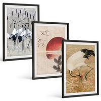 BILDER SET 3er Set - 40x60 cm Schwarzer Rahmen - Japanische Kraniche Landschaft - Schwarz, Kunststoff (40/60cm) - TULUP