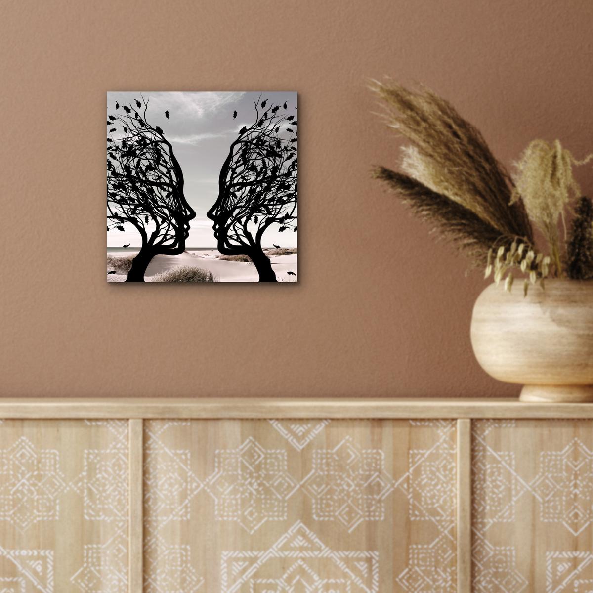 METALLBILD Strand - Meer - Menschen - Baum - Moderne Kunst 20x20 cm - Hellgrau, Metall (20/20cm) - MuchoWow
