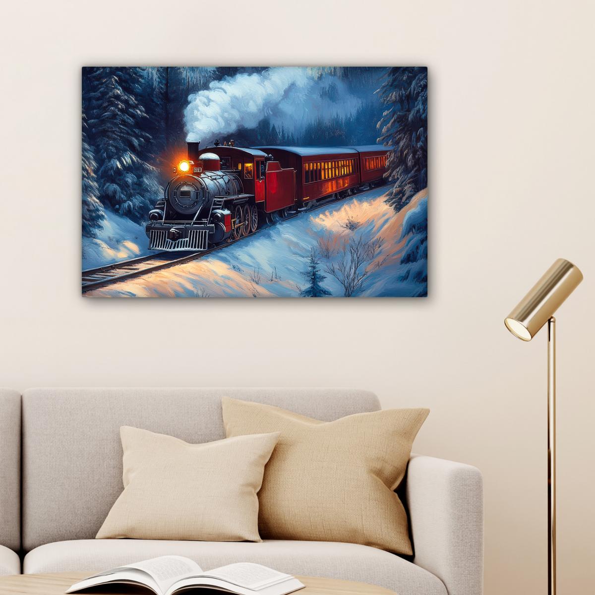LEINWANDBILD Zug - Weihnachten - Schnee - Weihnachtszug Wanddeko 90x60 cm - Anthrazit, Textil (90/60cm) - MuchoWow