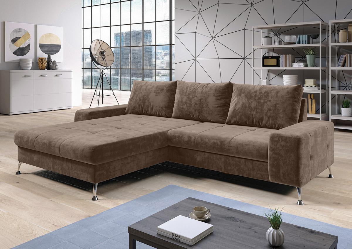 ECKSOFA L Form Artemia Hellbraun Samt 275/192/81 cm – modernes Sofa fürs Wohnzimmer L - Silberfarben/Hellgrau, Textil/Metall (192/275cm) - AX Living