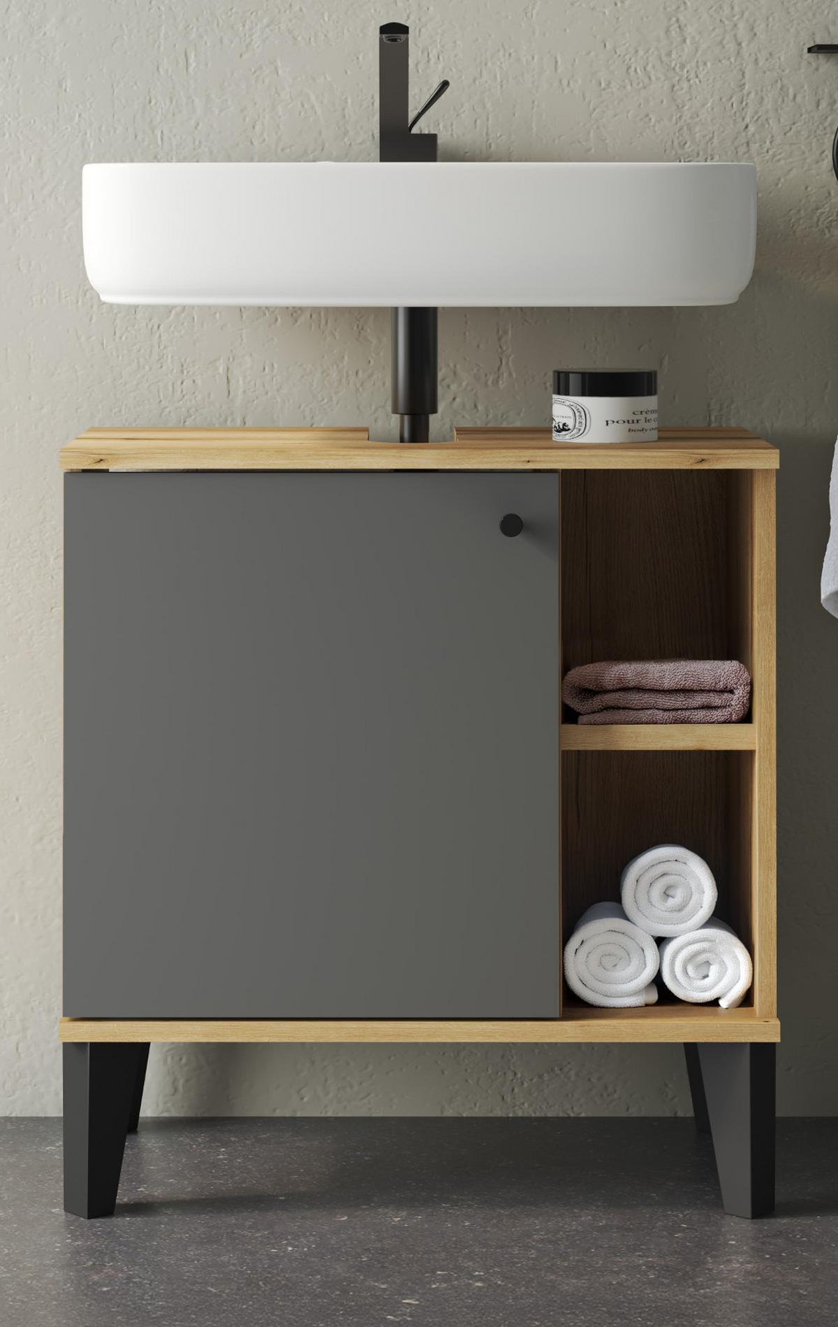 WASCHBECKENUNTERSCHRANK grau, Evoke Eiche, Badezimmer Unterschrank, 60 cm - Eichefarben/Schwarz, Holzwerkstoff/Kunststoff (60/65/33cm) - Furn.Design