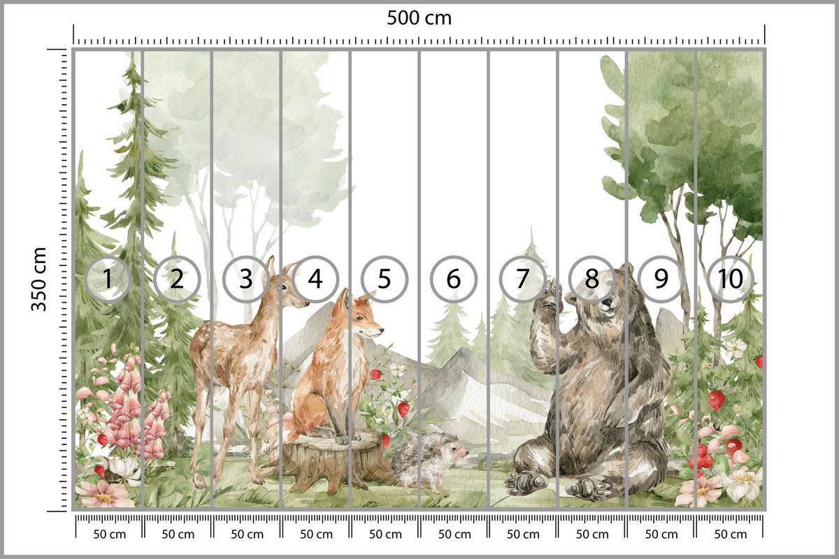 FOTOTAPETE für Kinderzimmer Aquarell Waldtiere Fuchs Reh Tragen 500x350 - Multicolor, Papier (500/350cm) - Muralo