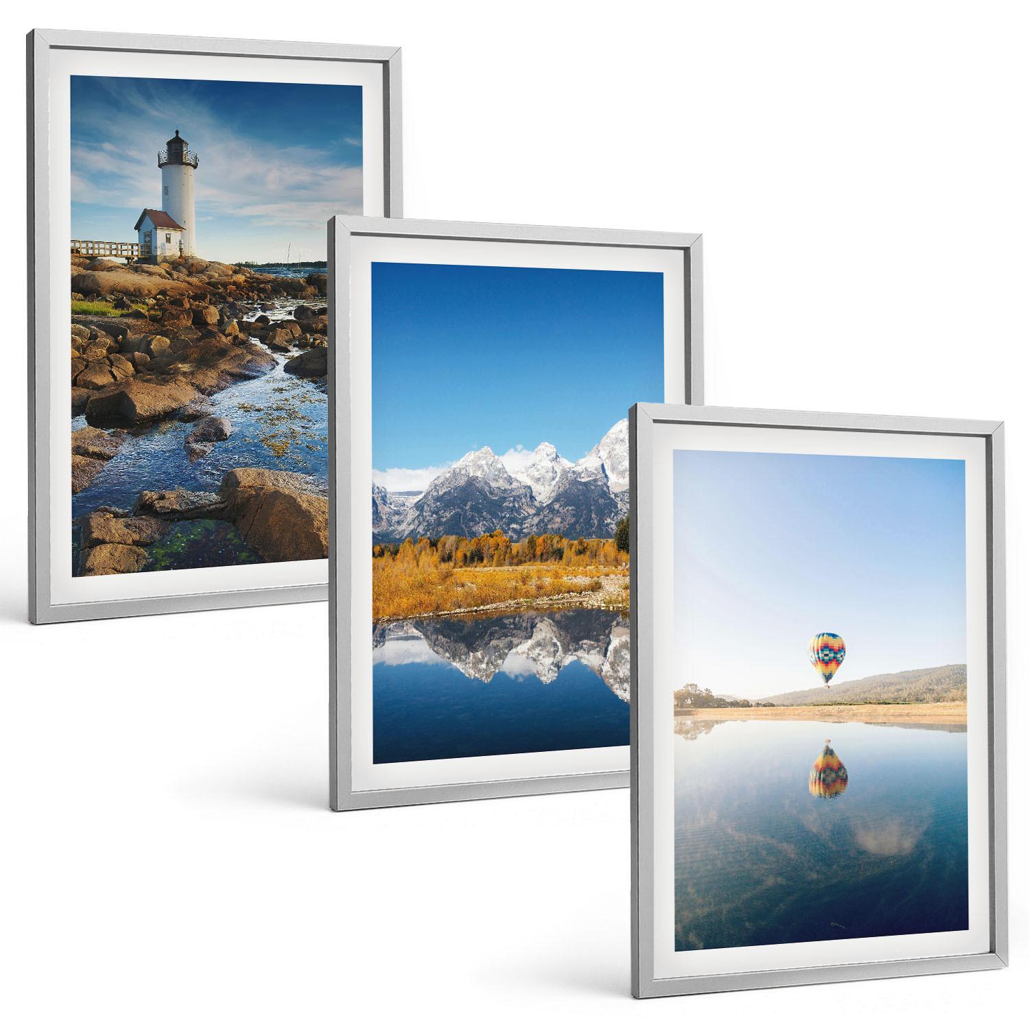 BILDER SET 3er Set - 40x60 cm Silberner Rahmen - Naturansichten, Leuchtturm, Berge, Ballonfahrt - Silberfarben, Kunststoff (40/60cm) - TULUP