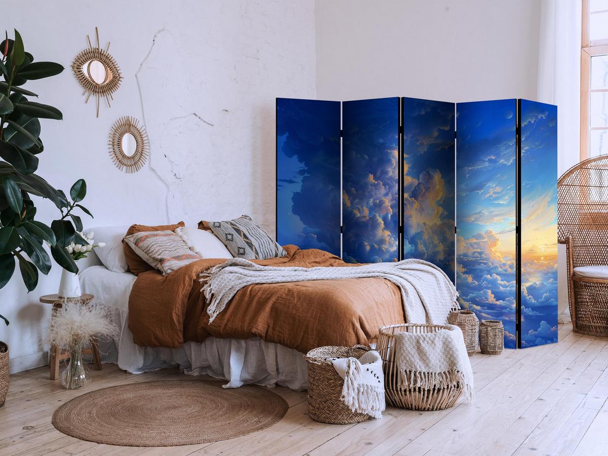PARAVENT Akustik 5-tlg 225x172 cm Blaue Wolken Sonnenstrahl - Blau, Holz/Textil (225/172/3cm) - Muralo