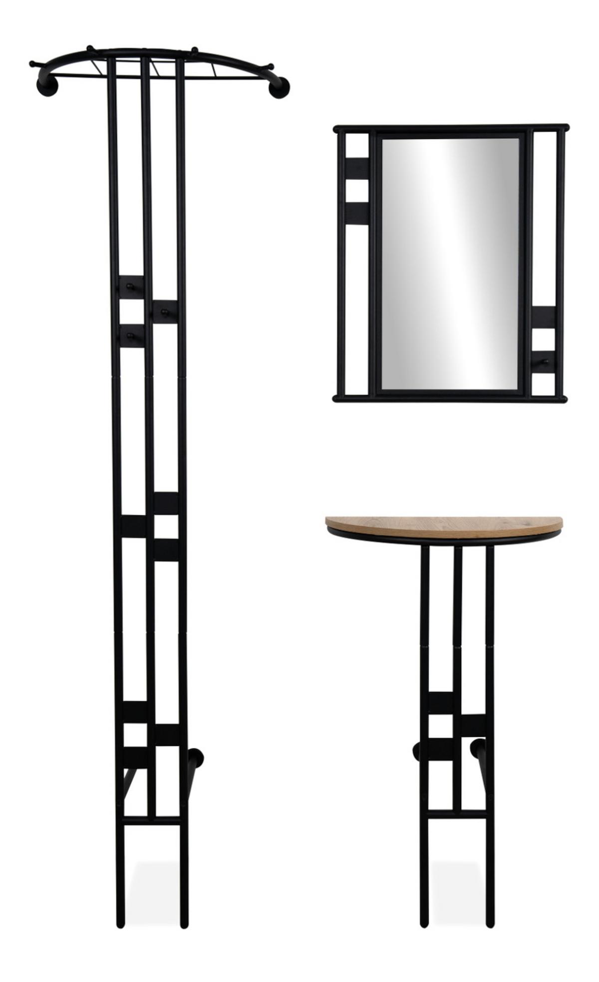 GARDEROBEN-SET 3-teilig schwarz Metall 130 cm, Flurgarderobe mit Spiegel - Schwarz, Metall (130/185/28cm) - Furn.Design
