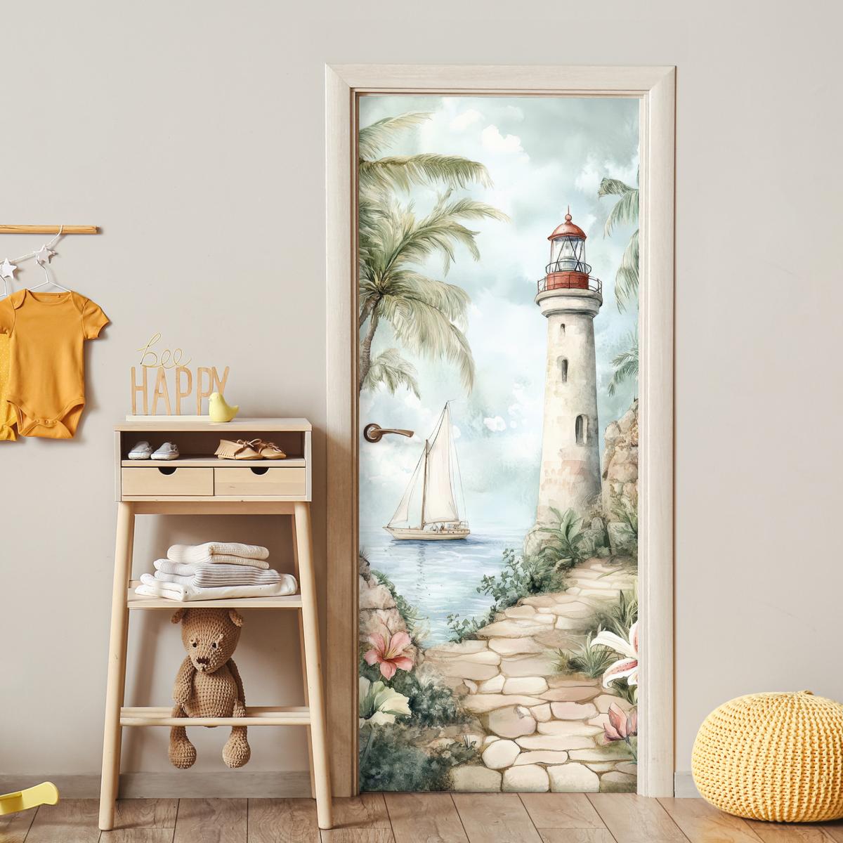 TÜRAUFKLEBER Leuchtturm - Natur - Landschaft - Boot Room Decor 85x205 cm - Türtapete - Eichefarben, Kunststoff (85/0.1cm) - MuchoWow