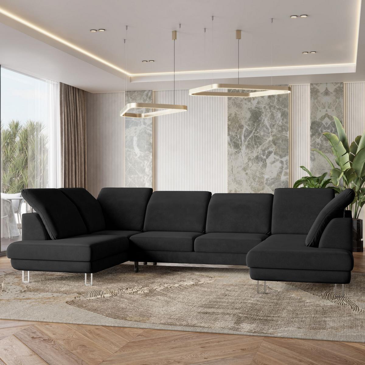 WOHNLANDSCHAFT TERAMO Schwarz Velours-Stoff mit Schlaffunktion - Silberfarben/Schwarz, Holz/Textil (316/88/193cm) - MASSENO
