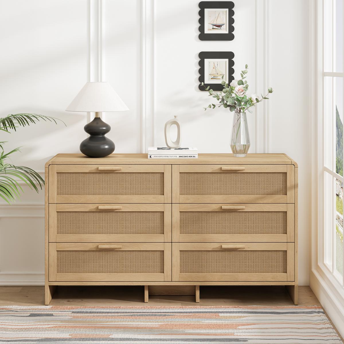 SIDEBOARD holzwerkstoff in natur mit rattan geflecht, abgerundete ecken & 6 schubladen - Naturfarben, Holzwerkstoff (130/74/40cm) - Urban Meuble