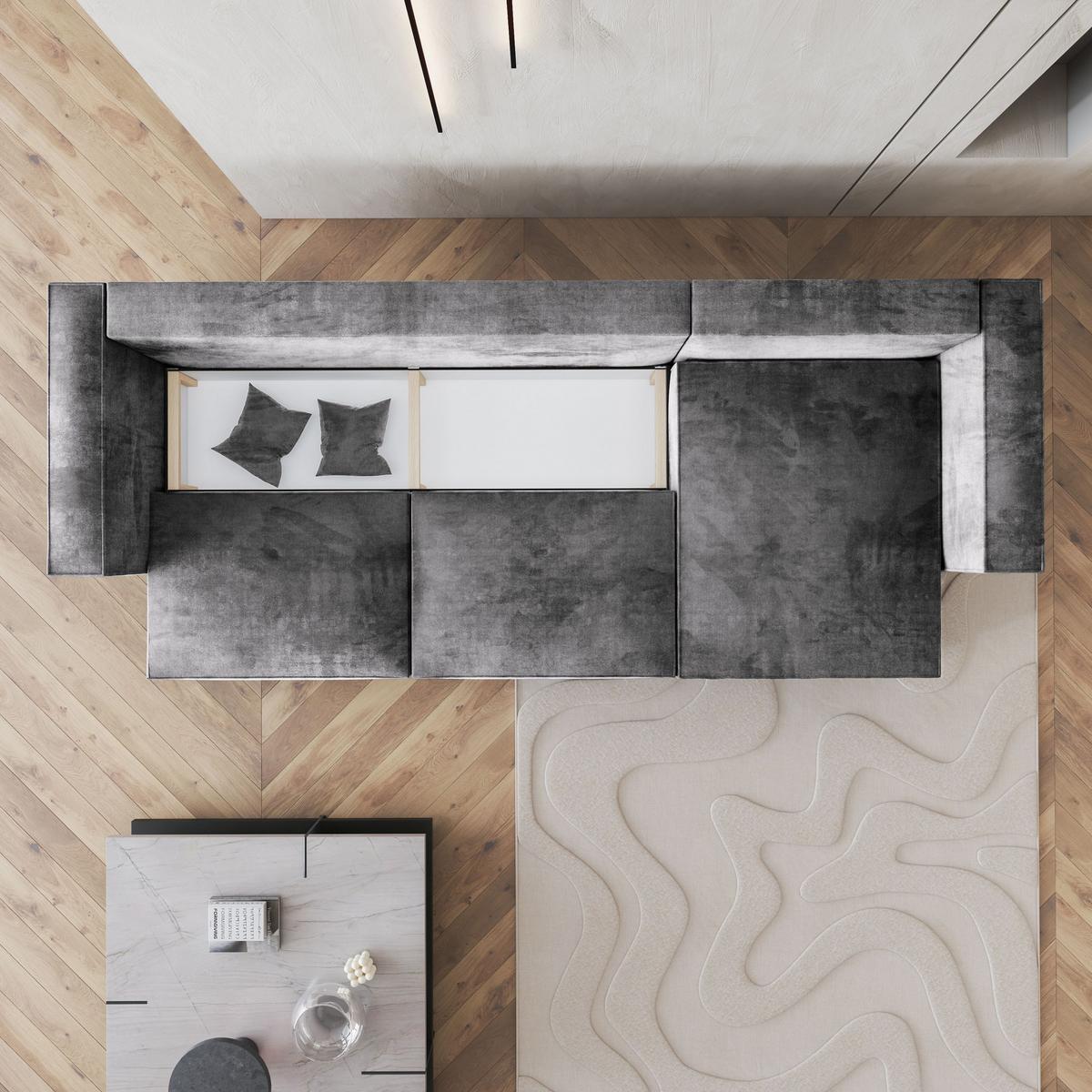 ECKSOFA TOLMO M Grau Velours-Stoff mit Schlaffunktion - Grau, Holz/Kunststoff (347/148cm) - MASSENO