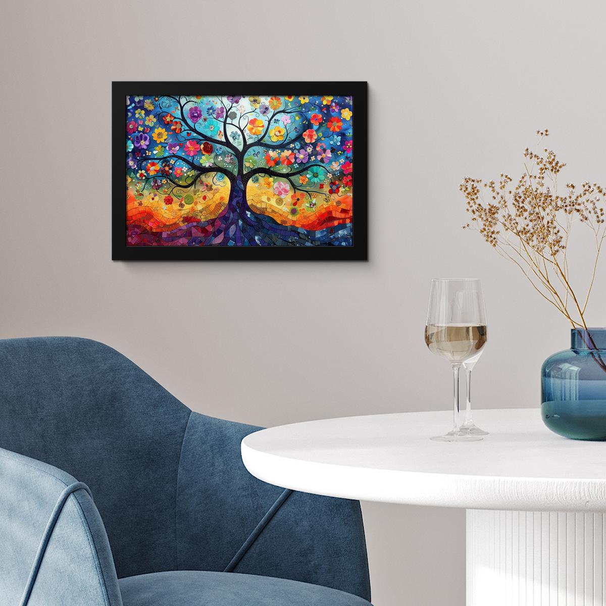 POSTER MIT RAHMENGERAHMTES BILD Kunst - Baum des Lebens - Blumen - Hippie 30x20 cm - Dunkelblau, Papier (30/20cm) - MuchoWow