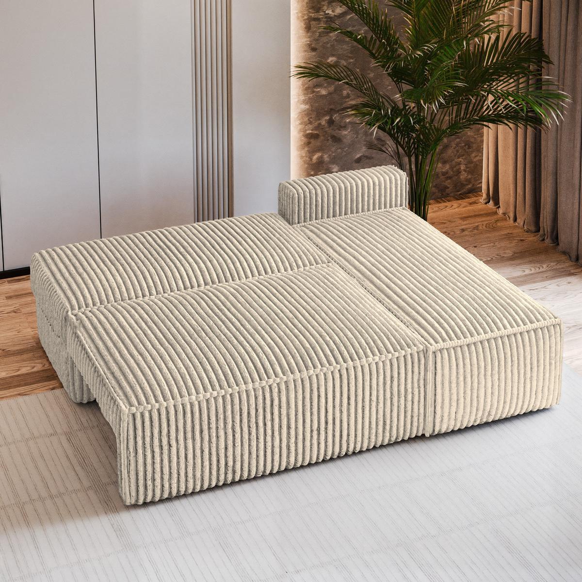 ECKSOFA BRISO T Creme Kordstoff mit Schlaffunktion - Creme/Grau, Holz/Kunststoff (200/140cm) - MASSENO