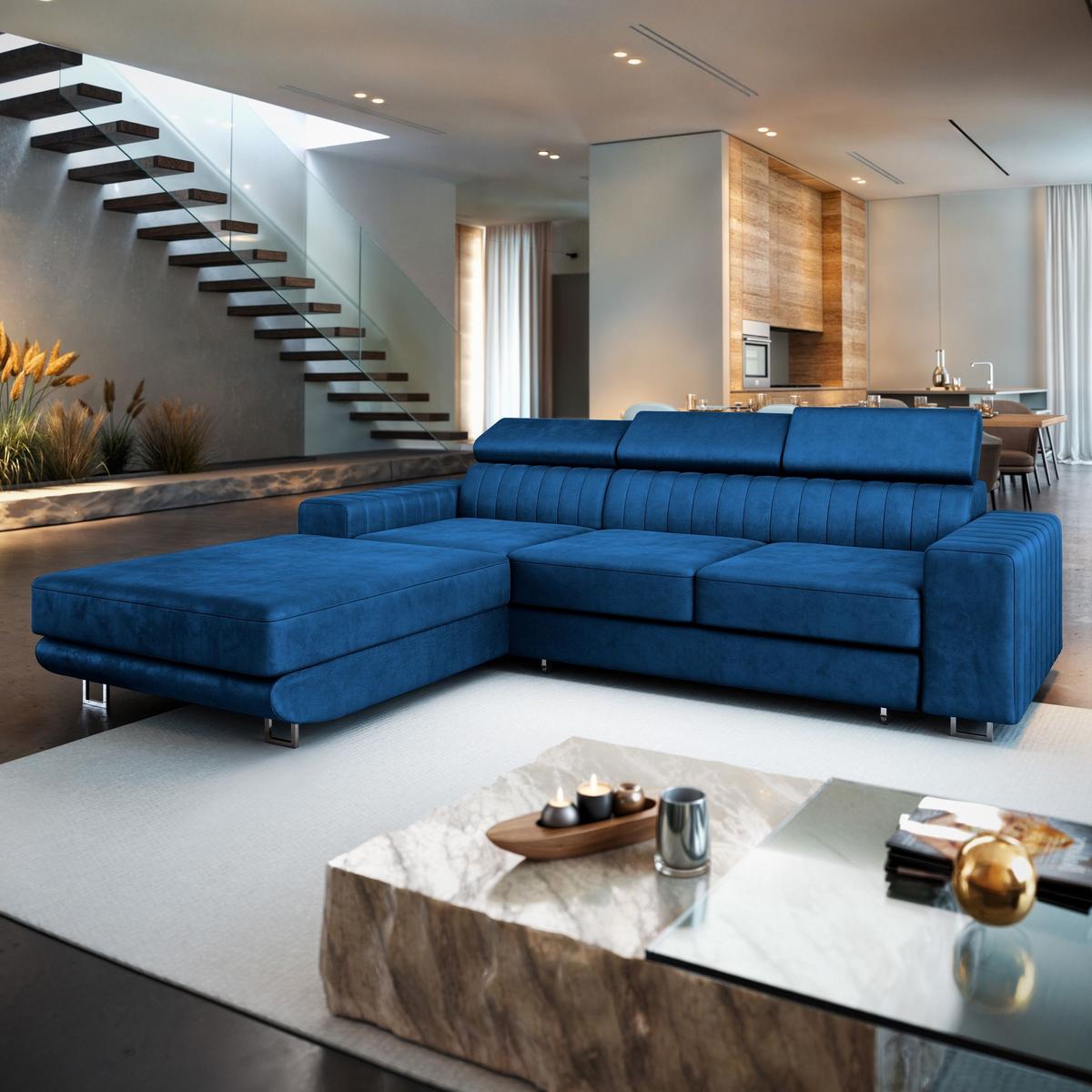 ECKSOFA NOTO L-S Blau Velours-Stoff mit Schlaffunktion - Blau/Silberfarben, Holz/Textil (267/190cm) - MASSENO