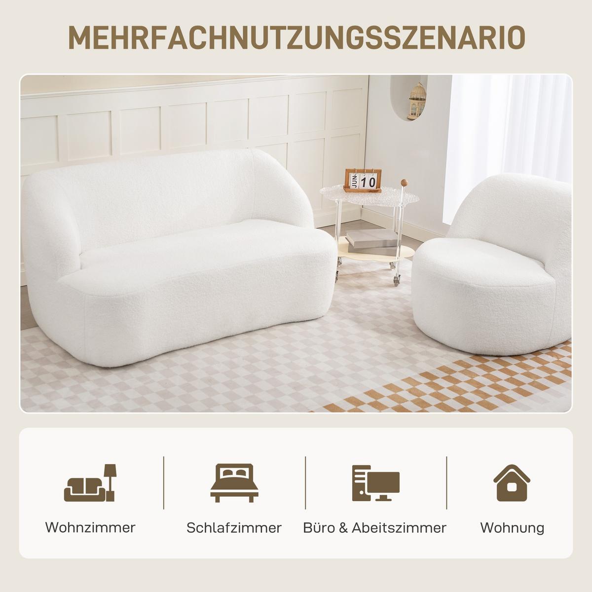 SOFA 2-Sitzer 142 cm Couch Polstersofa mit Armlehne, geschwungenem Design Creme - Weiß, Kunststoff (85/73.5/142cm) - HOMCOM