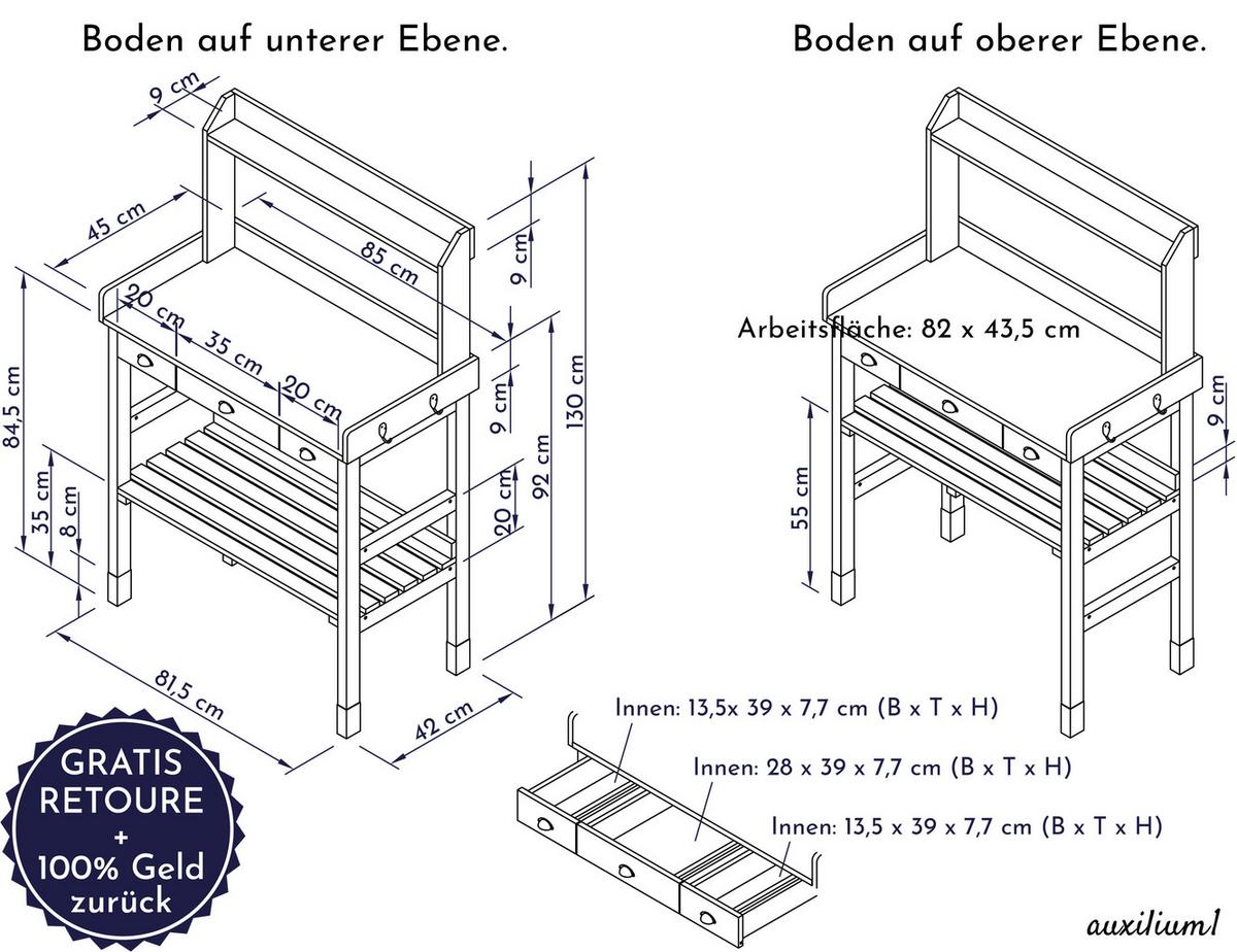 PFLANZTISCH aus Kirschbaum-Holz wetterfest , mit Schubladen, für Garten und Balkon - Braun, Holz (45/85/130cm) - WONDERMAKE