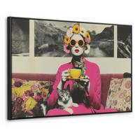 LEINWAND Bilder mit Rahmen - Frau - Katze - Blumen - Tasse - Retro - 140x90 - Magenta, Textil (140/90cm) - MuchoWow