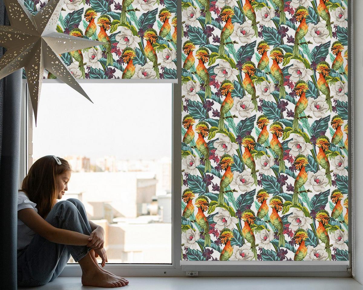 INNENROLLO - Fensterrollo - Rollo - 130x140 cm - Vögel und Blumen - Grün, Kunststoff (130/140/0.5cm) - TULUP