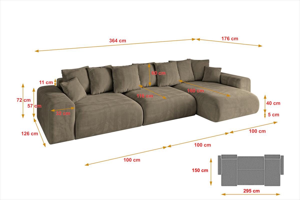 ECKSOFA Ottomane rechts ESKAR-L2 364x176x72 Braun Velours - Schwarz/Braun, Holzwerkstoff/Kunststoff (176/364cm) - ALTDECOR