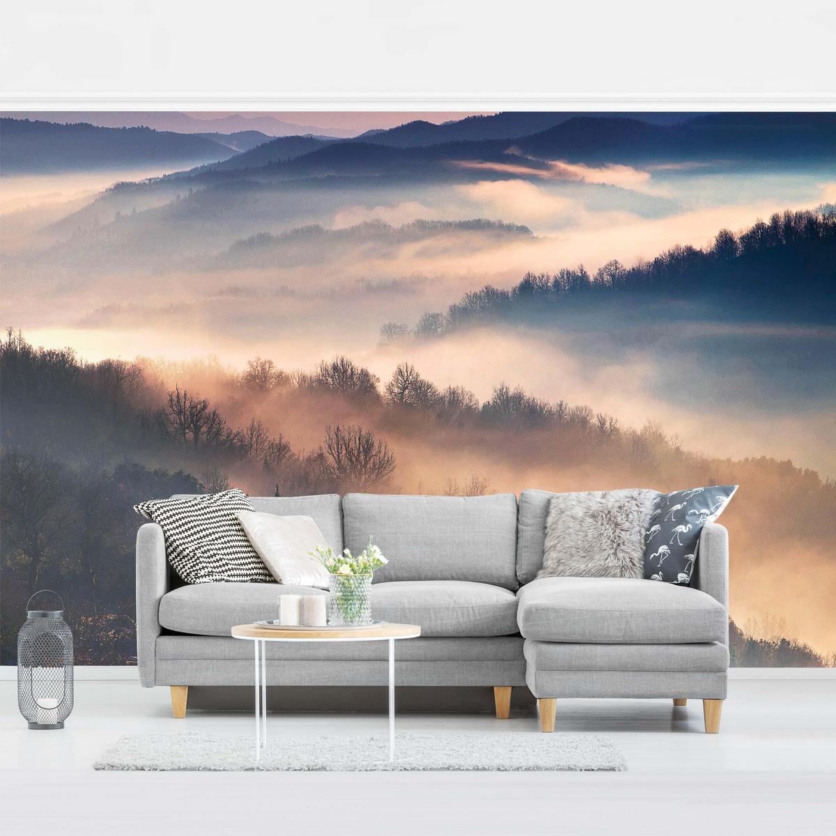 FOTOTAPETE Nebel bei Sonnenuntergang 336/225 cm - Eichefarben, Papier (336/225cm) - Bilderwelten