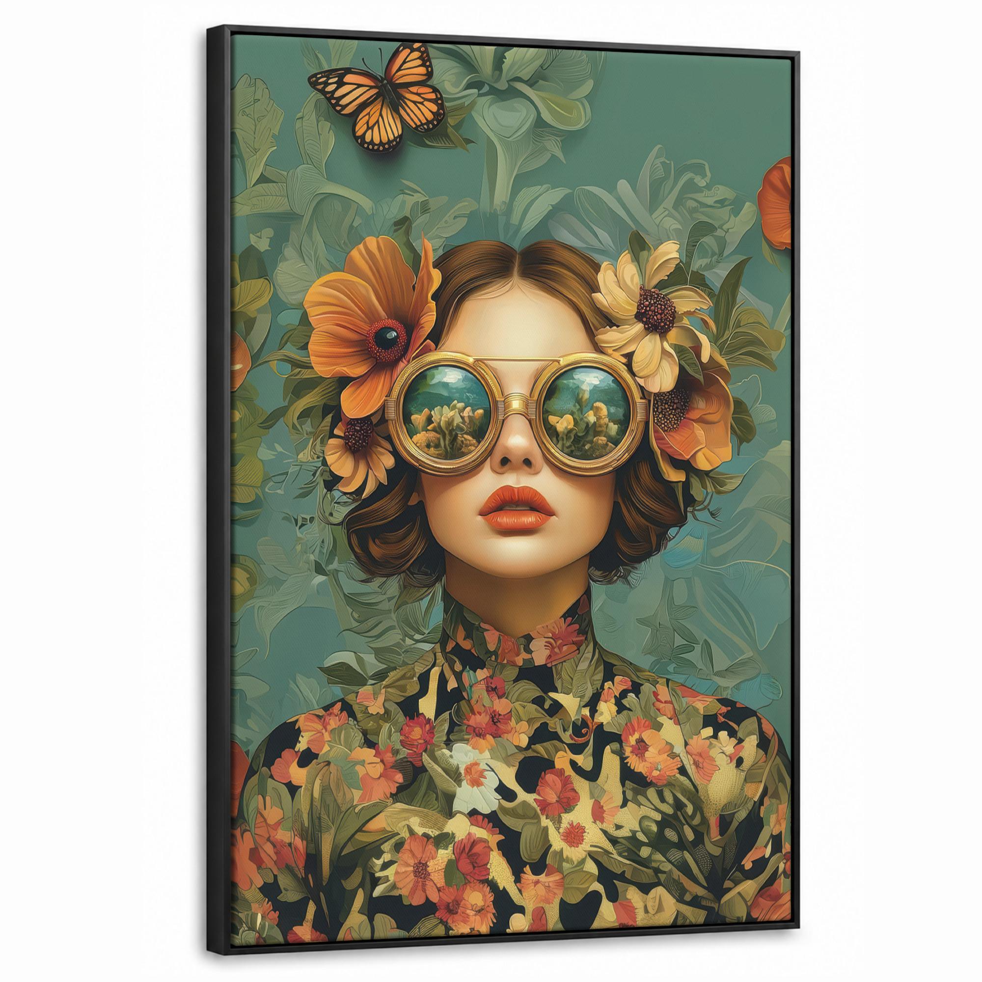 LEINWAND Bilder mit Rahmen - Frau - Blumen - Schmetterlinge - Natur - Vintage - 60x90 - Salbeigrün, Textil (60/90cm) - MuchoWow