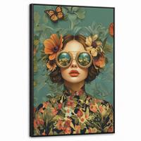 LEINWAND Bilder mit Rahmen - Frau - Blumen - Schmetterlinge - Natur - Vintage - 60x90 - Salbeigrün, Textil (60/90cm) - MuchoWow
