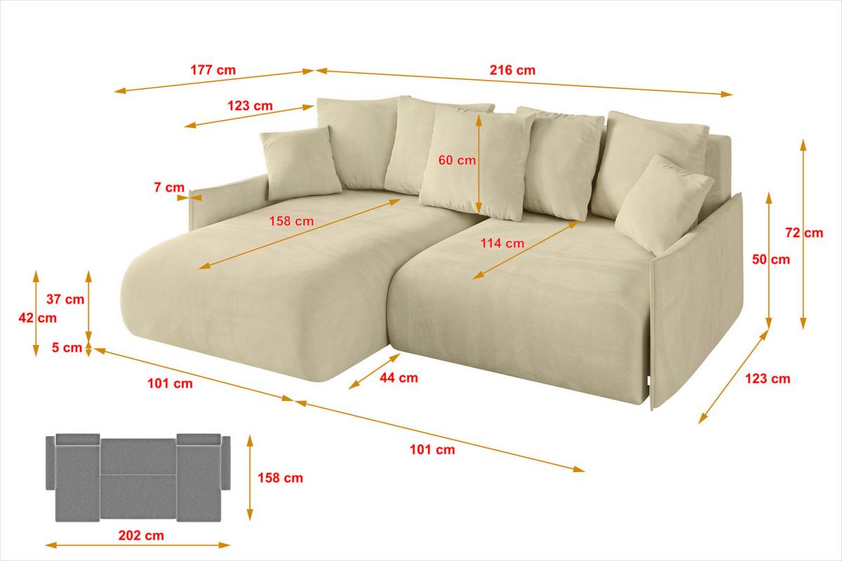 ECKSOFA Ottomane links ONESK-L -v1 216x177x72 Beige Velours - Taupe, Holzwerkstoff/Kunststoff (216/177cm) - ALTDECOR